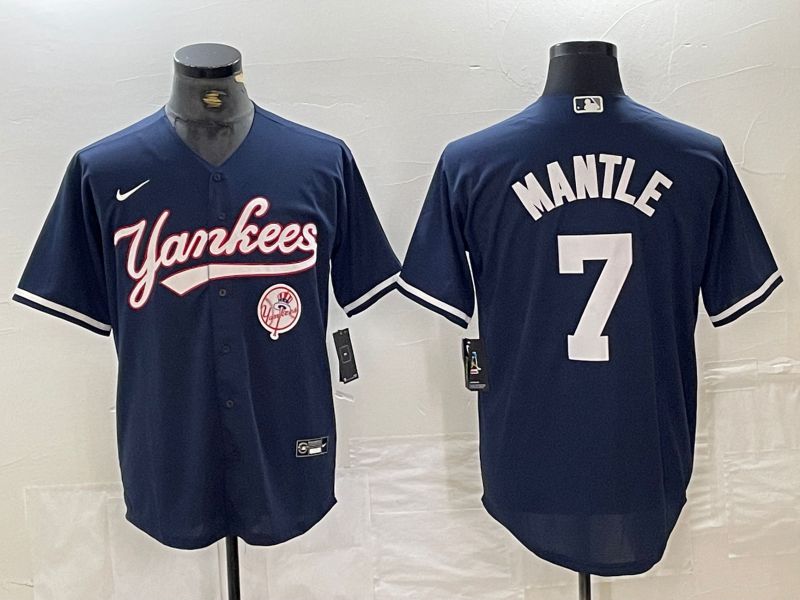 Men New York Yankees 7 Mantle Dark blue Second generation joint name Nike 2024 MLB Jersey style 4